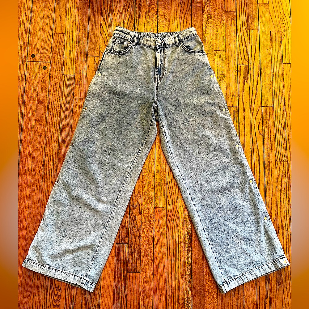 Reworked snap button side trim high rise wide leg jeans